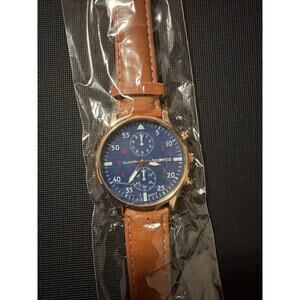 Men’s MiGEER Quartz Watch NEW. Gold With Blue Face & Brown Leather Strap